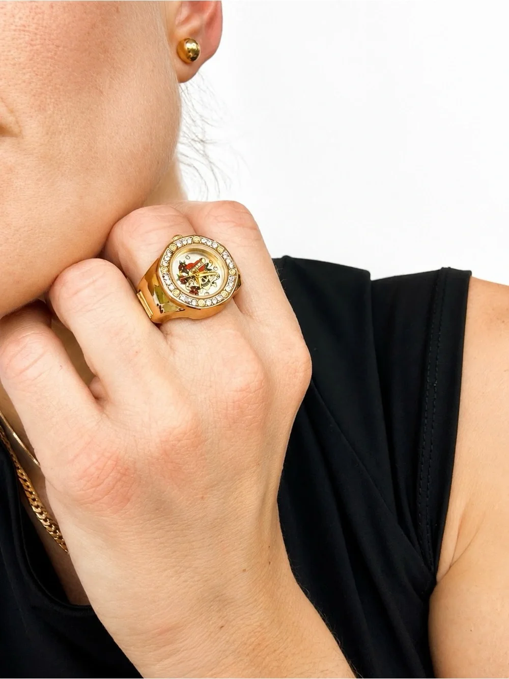 Ed Hardy Ring Watch – Gold Tone Skull “Love Kills” Expansion Band – NWT